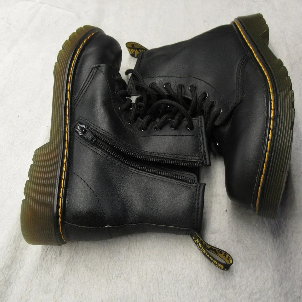 Dr Martens Boots Juniors 4M 5L Black Leather Combat Side‎ Zip Chunky 1460 J NEW